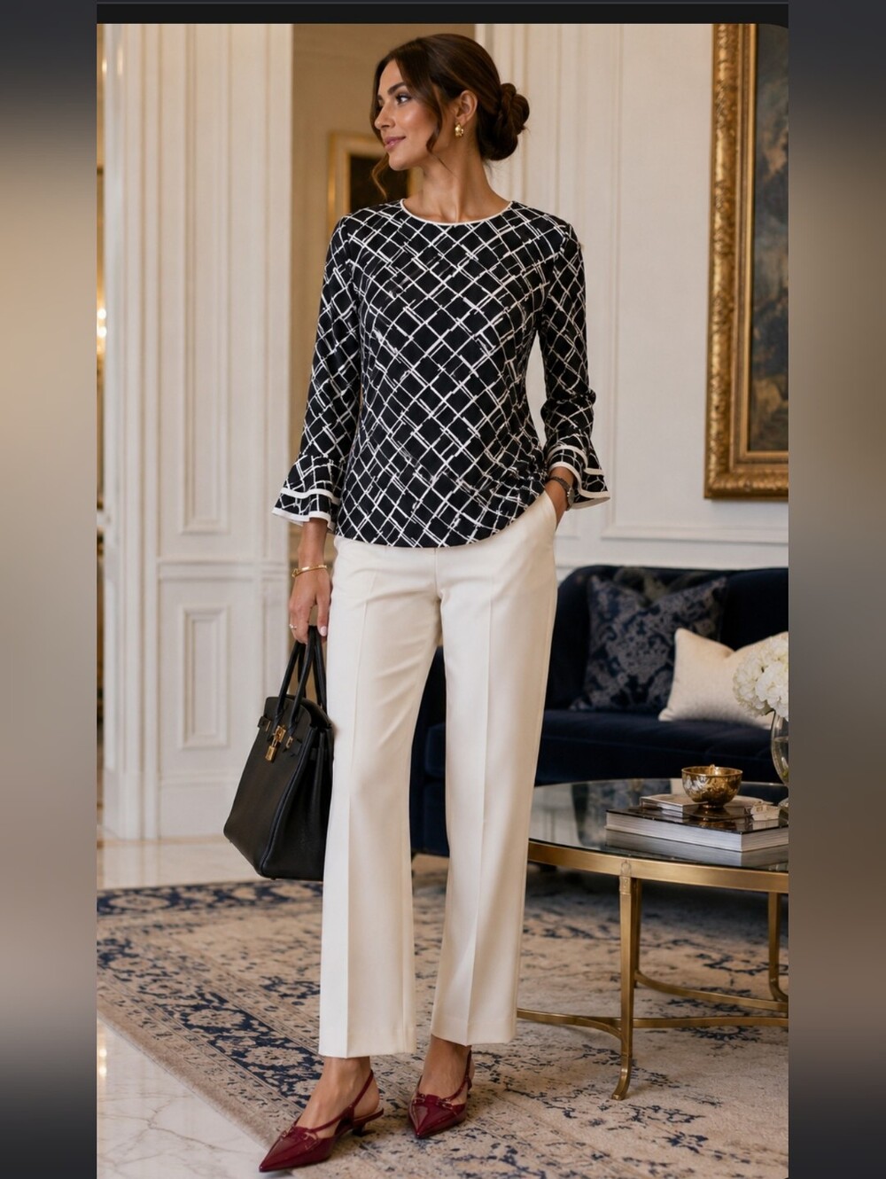 Karl Lagerfeld Paris Black & White Geometric Bell Sleeve Top,XS